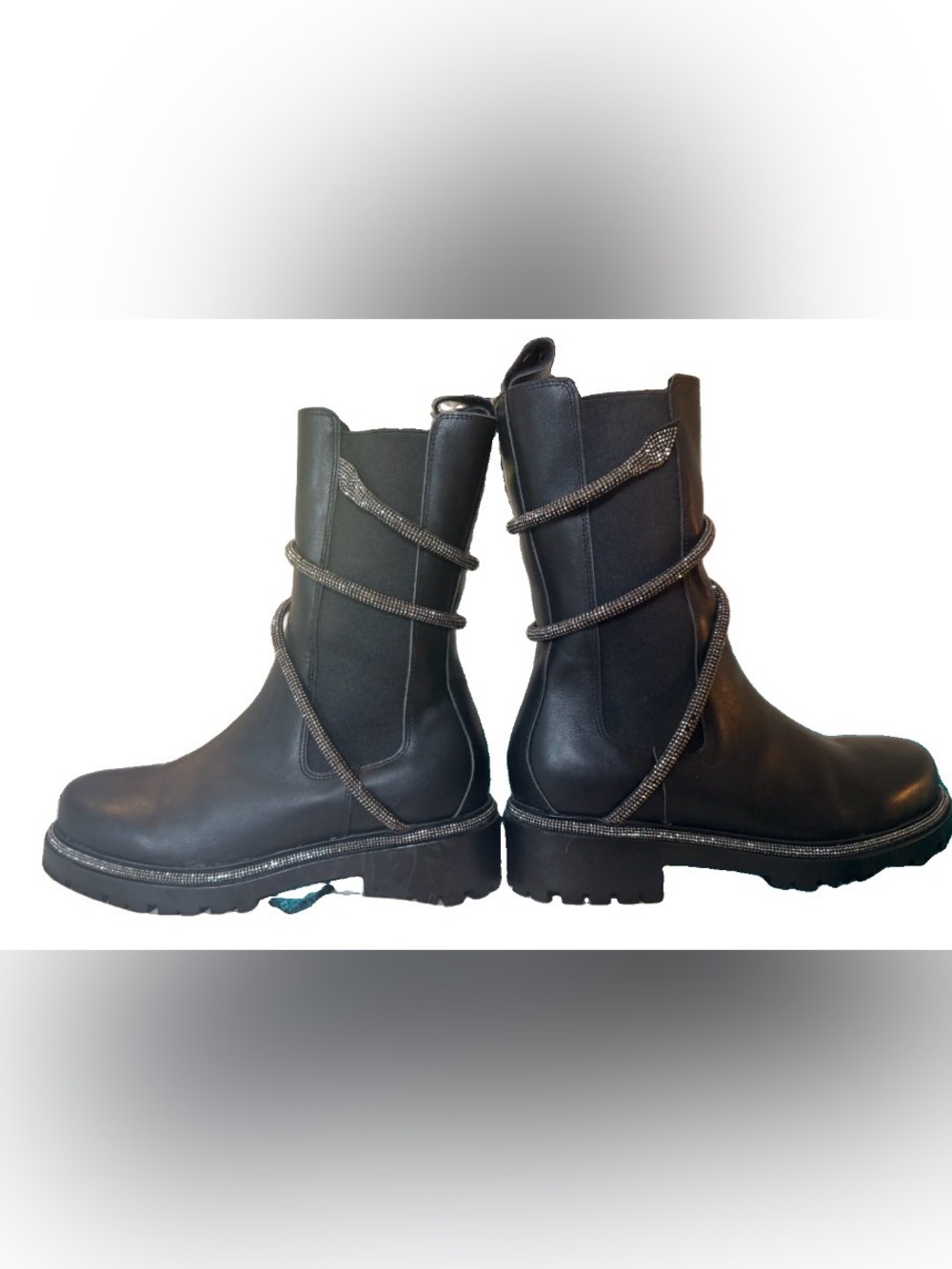 René Caovilla 40 Cleo Combat Crystal Snake Black Leather Biker Boots Italy Edgy